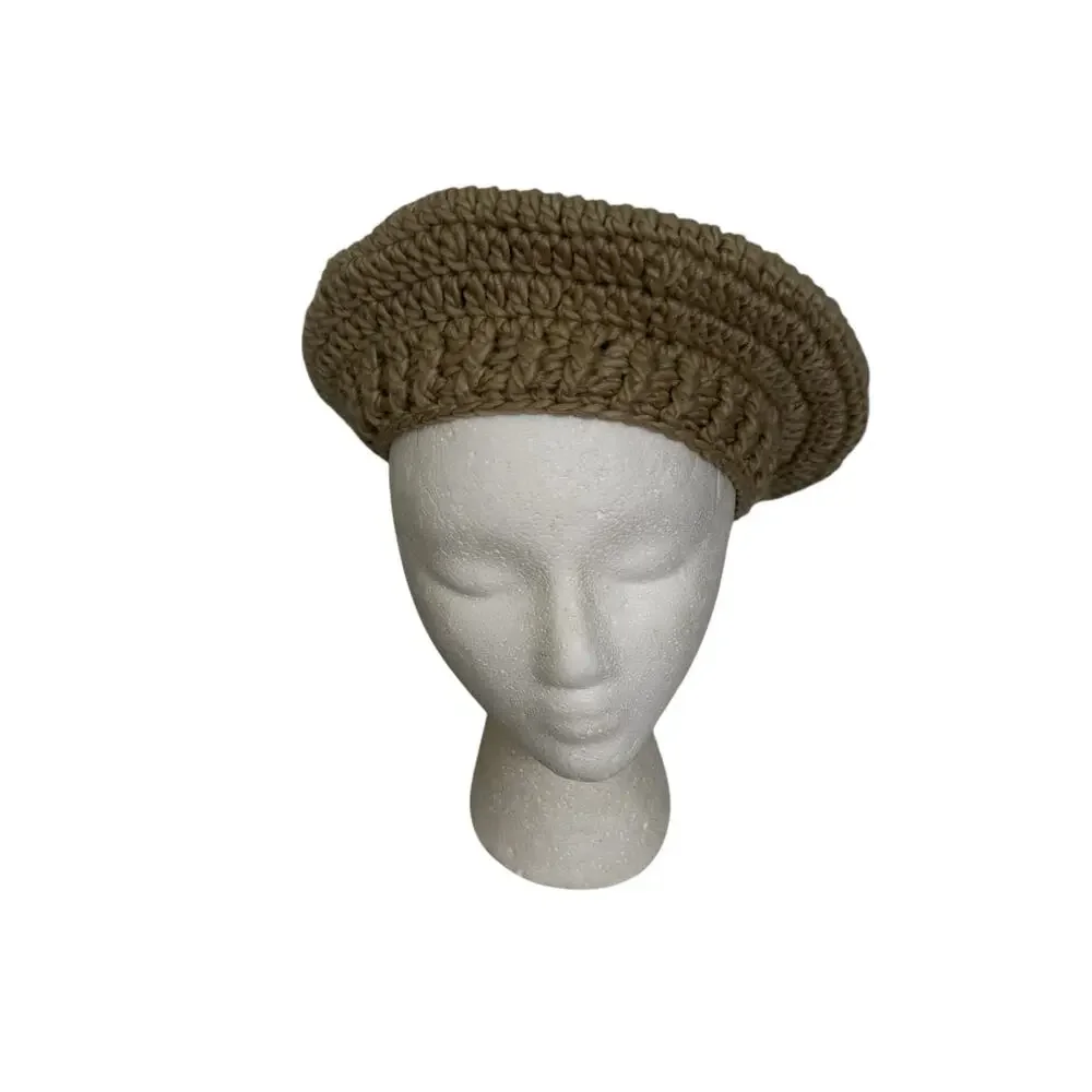 Vintage 1980s Khaki Brown Fall Winter Boho Knit Beret Hat OS - Picture 2 of 8